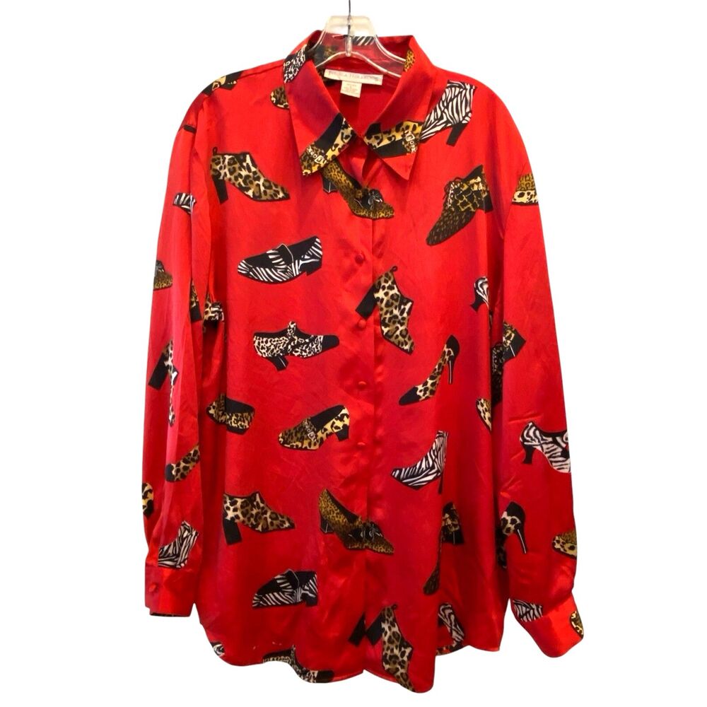 Jessica Holbrook Vtg SILK Women Button Up Blouse TopShoe Print Covered Buttons L